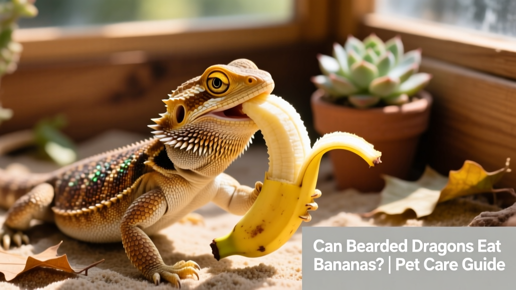 A bearded dragon gently holding a thin slice of banana in its mouth