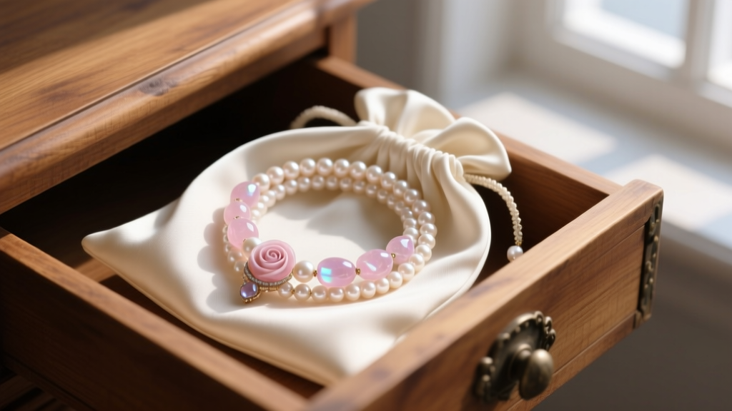 Rose quartz and pearl necklace coiled inside a breathable cream silk pouch, stored away from direct sunlight in a wooden drawer.