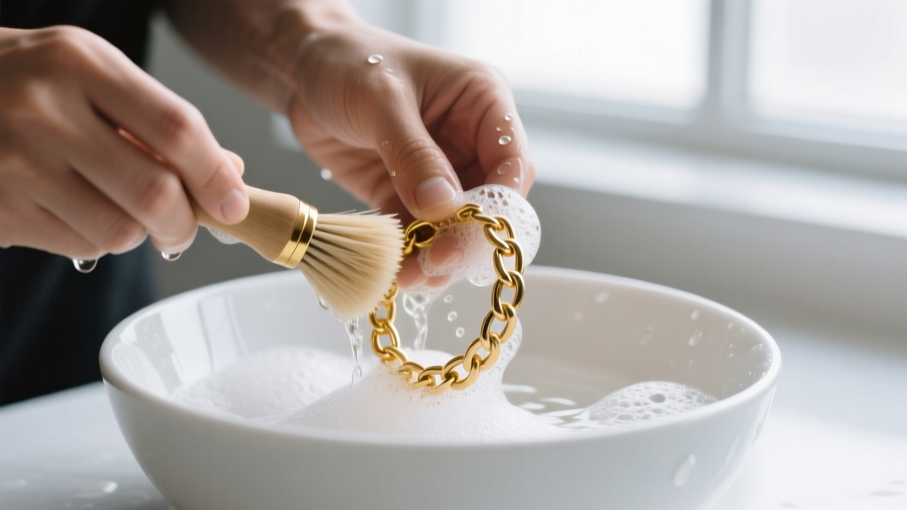 Hands washing a welded gold bracelet with a soft brush and soapy water in a white bowl, lit by bright natural window light.