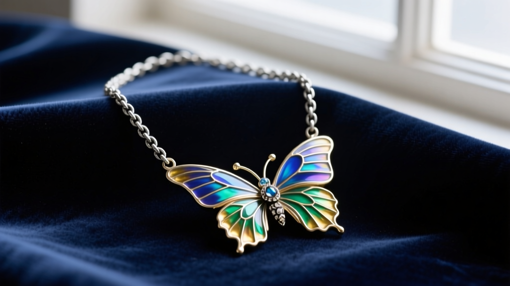 Vintage 1990s Anna Sui butterfly necklace with iridescent enamel wings and oxidized silver chain on dark velvet fabric