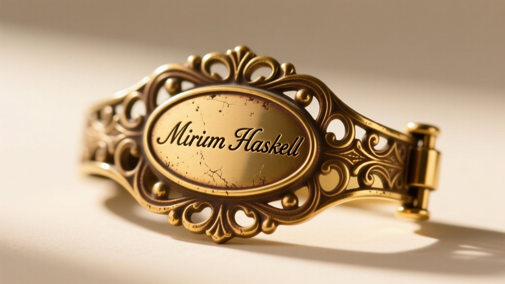 Close-up of a brass jewelry clasp with an oval Miriam Haskell maker's mark, showing slight patina and aged gold-tone plating.