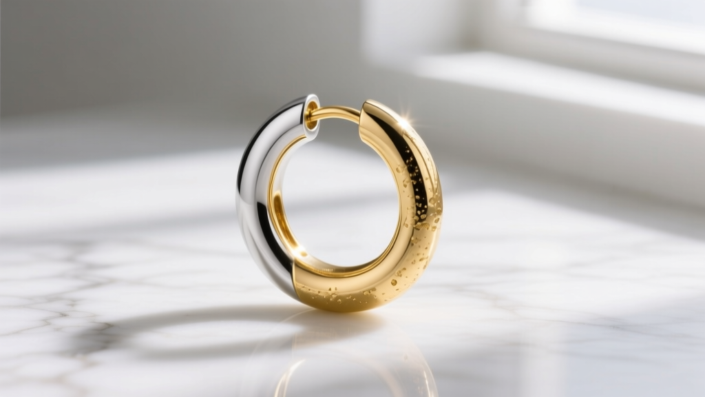 Macro photo of a silver huggie hoop plated with 2.5 microns of 24 karat gold vermeil resting on a clean white marble surface.