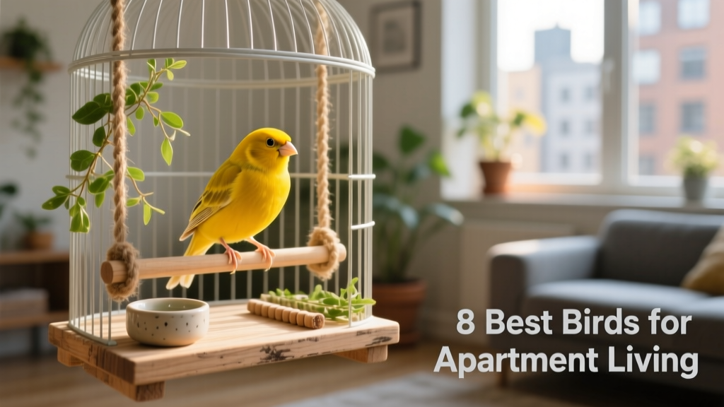 A bright yellow canary perched calmly on a wooden swing inside a tidy, spacious cage with fresh greens and a water dish