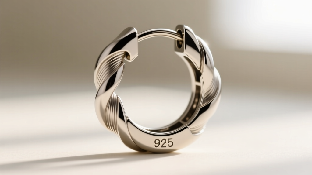 Macro photography of a huggie earring hinge mechanism showing interlocking metal joints and a tiny 925 stamp, sharply focused.
