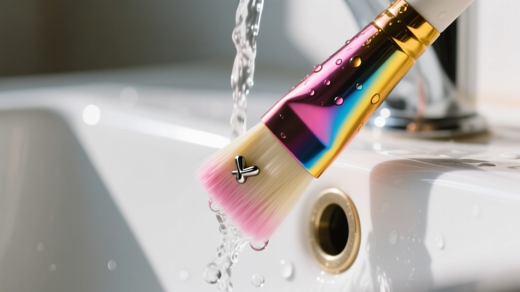 Soft brush cleaning a 16-gauge anodized titanium bisexual pride cartilage stud under warm running water in a white ceramic sink.