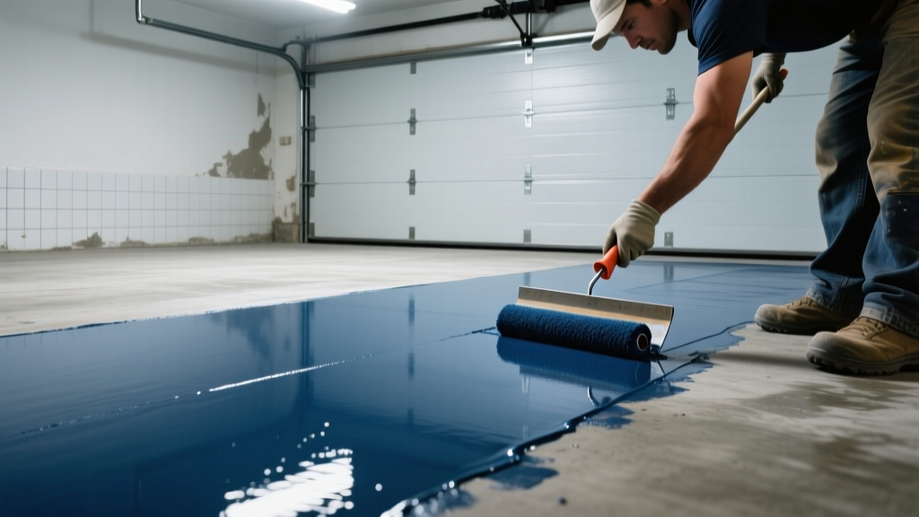 Contractor applying two-part epoxy paint to a newly diamond-ground concrete garage floor using a notched squeegee and roller in bright LED lighting