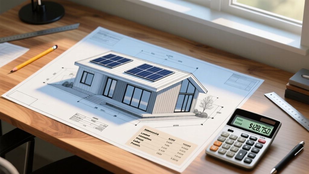 Blueprint of a modern backyard accessory dwelling unit overlaid with a financial calculator and material cost estimates on a wooden desk