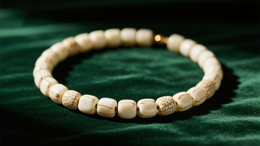 Flat lay of a vintage ivory bead necklace on dark green velvet, highlighting the subtle grain and warm patina of the organic beads