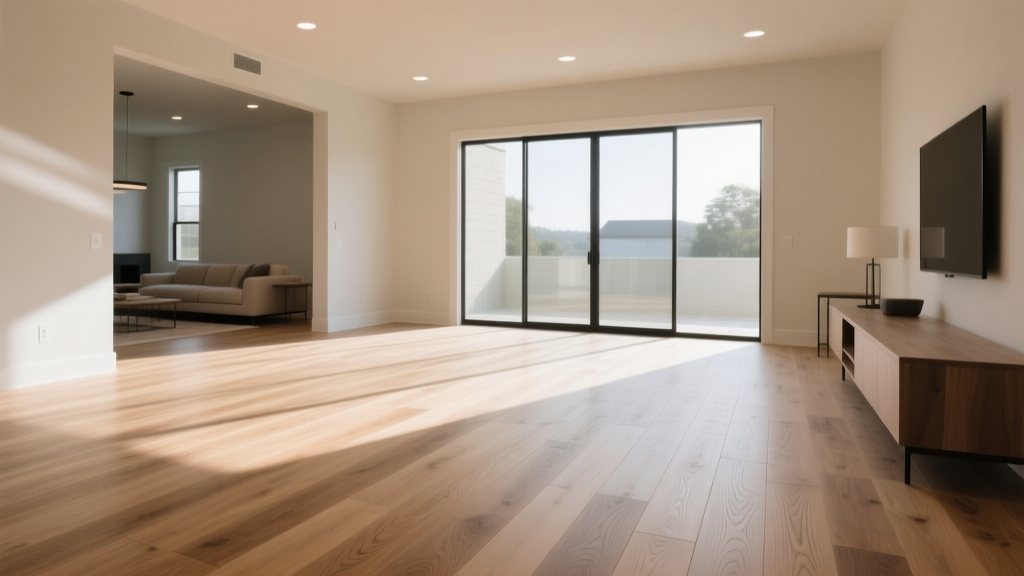 Wide plank white oak hardwood flooring being installed in a sunlit modern living room with visible wood grain and matte finish