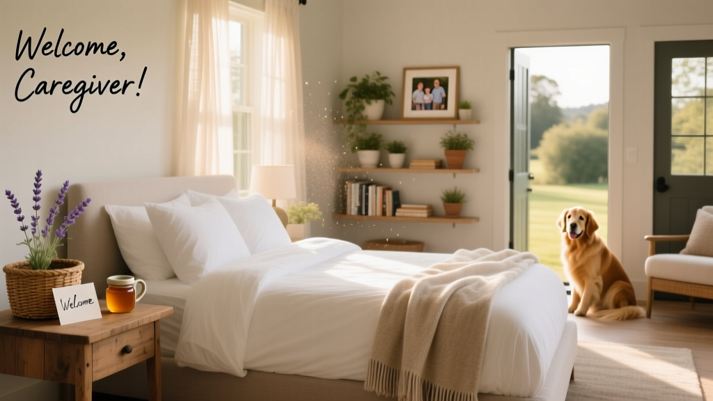 A tidy, sunlit living room with fresh linens on a guest bed and a small welcome basket on a side table