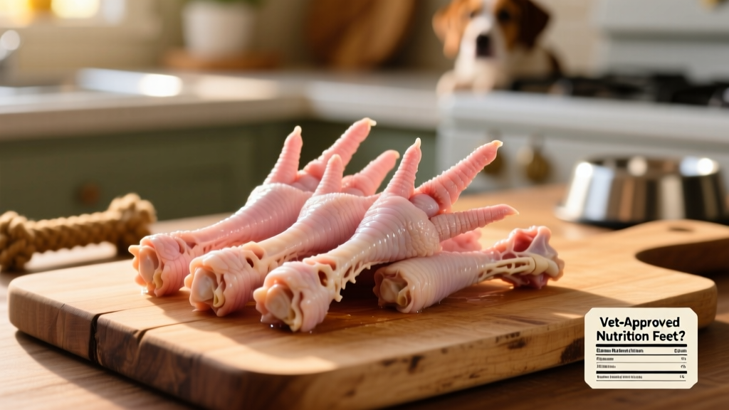 Close-up of raw, cleaned chicken feet arranged on a wooden surface