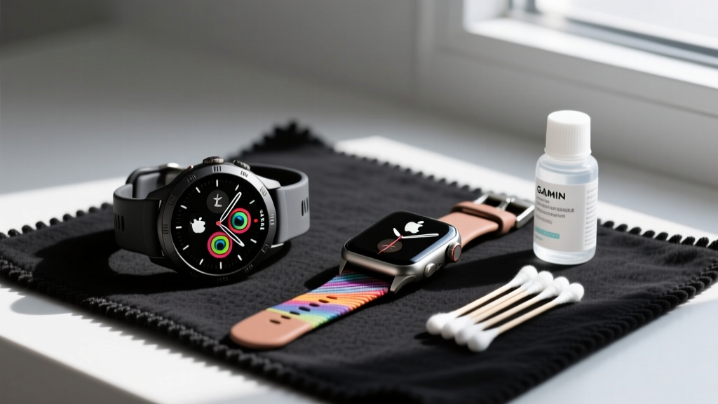 Garmin Venu 3 and Apple Watch Ultra 2 resting side-by-side on a black microfiber cleaning mat next to isopropyl alcohol and cotton swabs