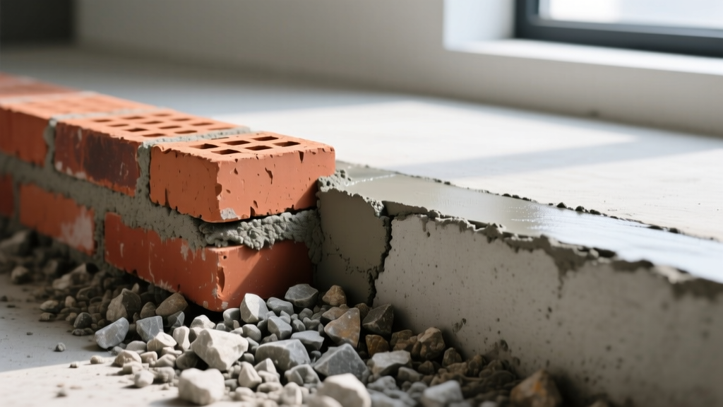 Cross-section of concrete footing with coarse gravel beside a troweled mortar joint binding red clay bricks in a wall