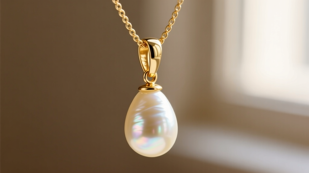 Macro shot of a 14k gold soldered bail connecting a delicate cable chain to a luminous cream baroque teardrop pearl pendant.