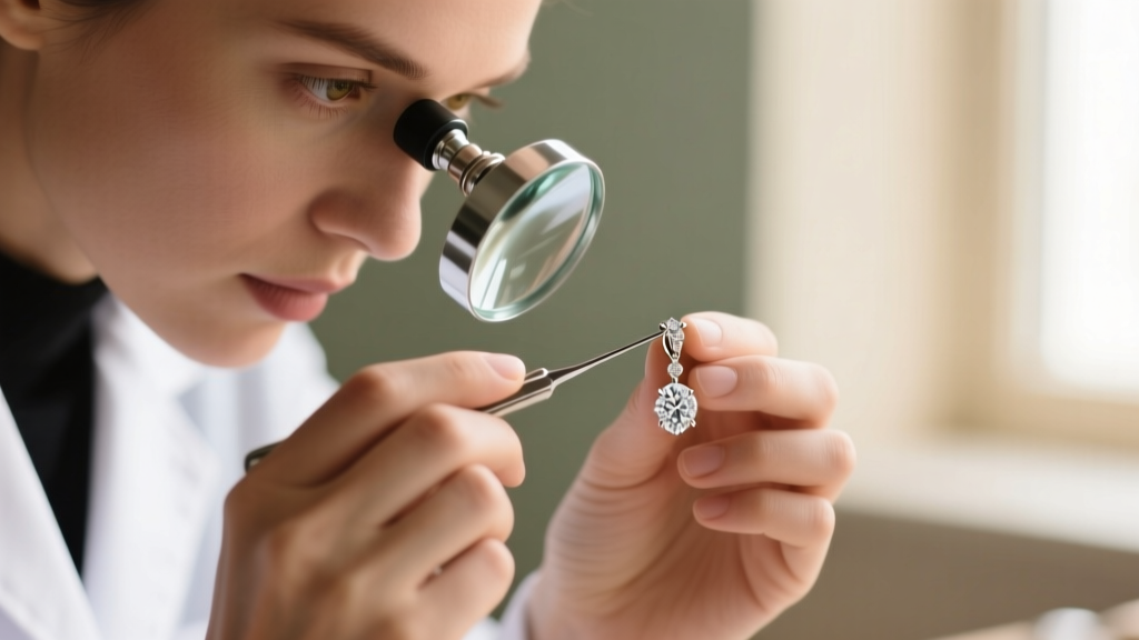 Jeweler using a 10x loupe to inspect the prong setting of a white gold solitaire drop earring against a softly blurred background.
