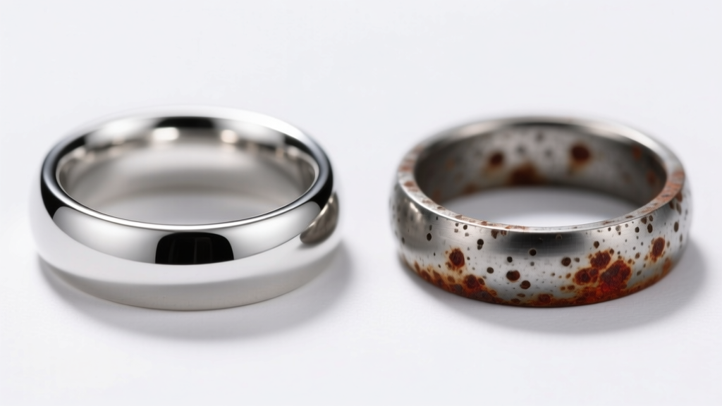 Side-by-side macro comparison of a bright 316L surgical steel ring and a dull, pitted 201 grade steel ring showing early rust.