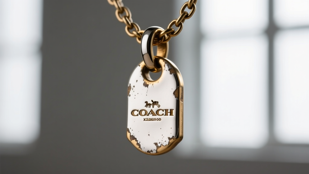 Macro shot of a Coach charm necklace clasp showing brass base metal exposed beneath worn palladium plating near the jump ring