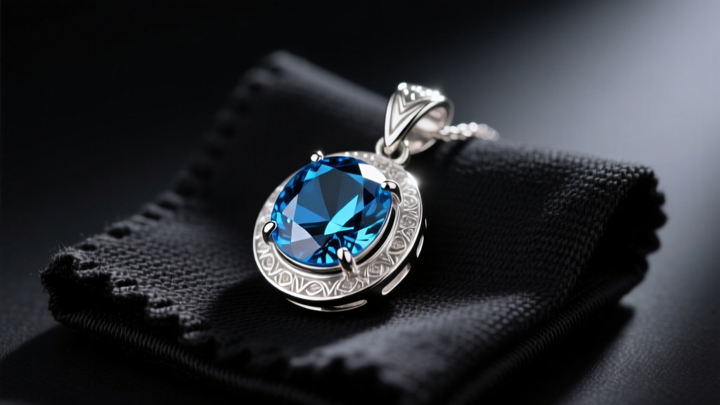 Sterling silver pendant with blue topaz resting on a dark microfiber cleaning cloth under soft, warm studio lighting conditions
