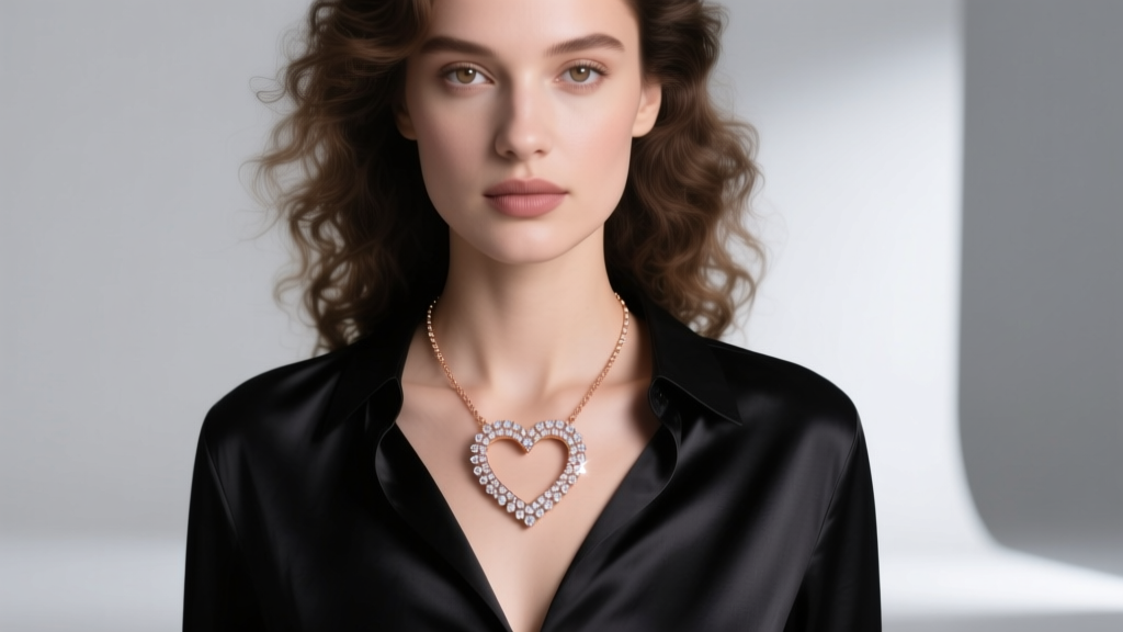 Woman wearing a rose gold sparkling heart halo pendant collier necklace over black silk, showing micro-pavé details.