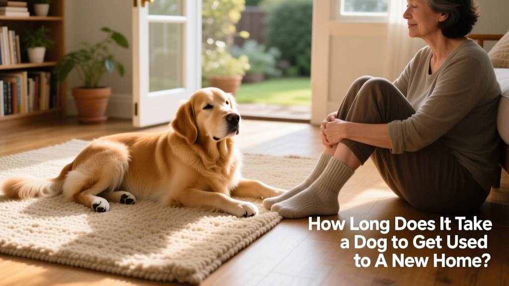 A happy dog resting peacefully on a rug beside their owner’s feet, tail relaxed and eyes soft