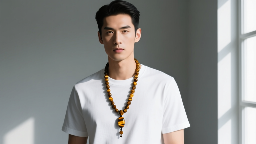 Male model wearing a 22-inch tiger eye stone rosary necklace with a 3-inch drop over a white heavyweight cotton t-shirt