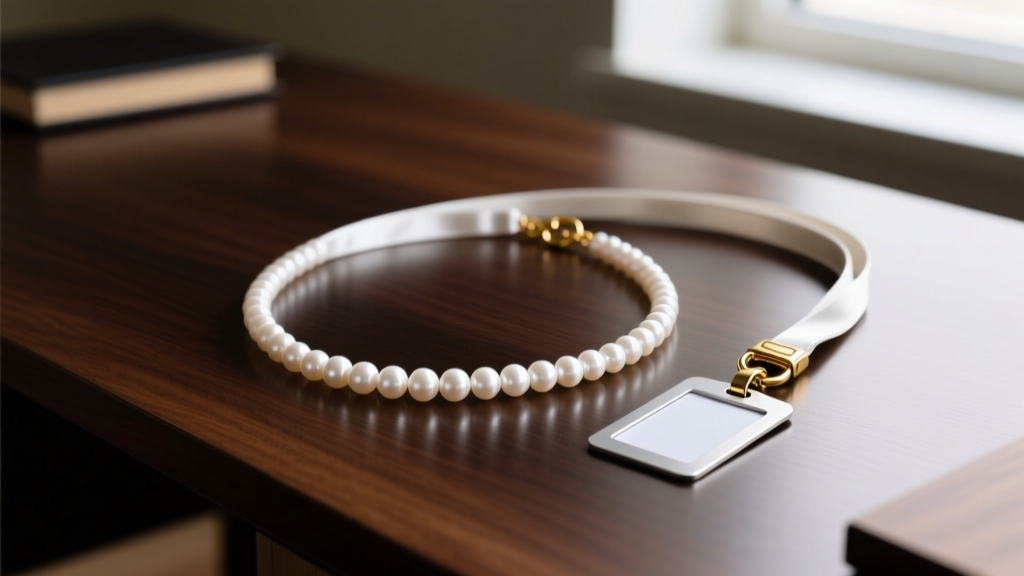White freshwater pearl lanyard necklace with a gold breakaway safety clasp and silver ID badge clip resting on a dark oak desk.