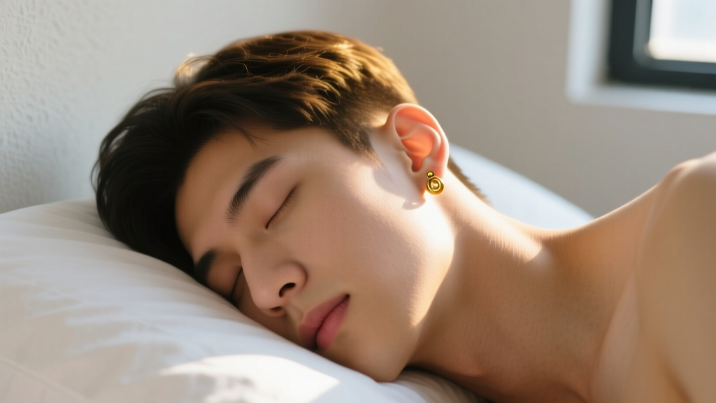 Side profile of a man sleeping on a pillow wearing a low-profile 16-gauge gold cartilage stud, warm morning sunlight.