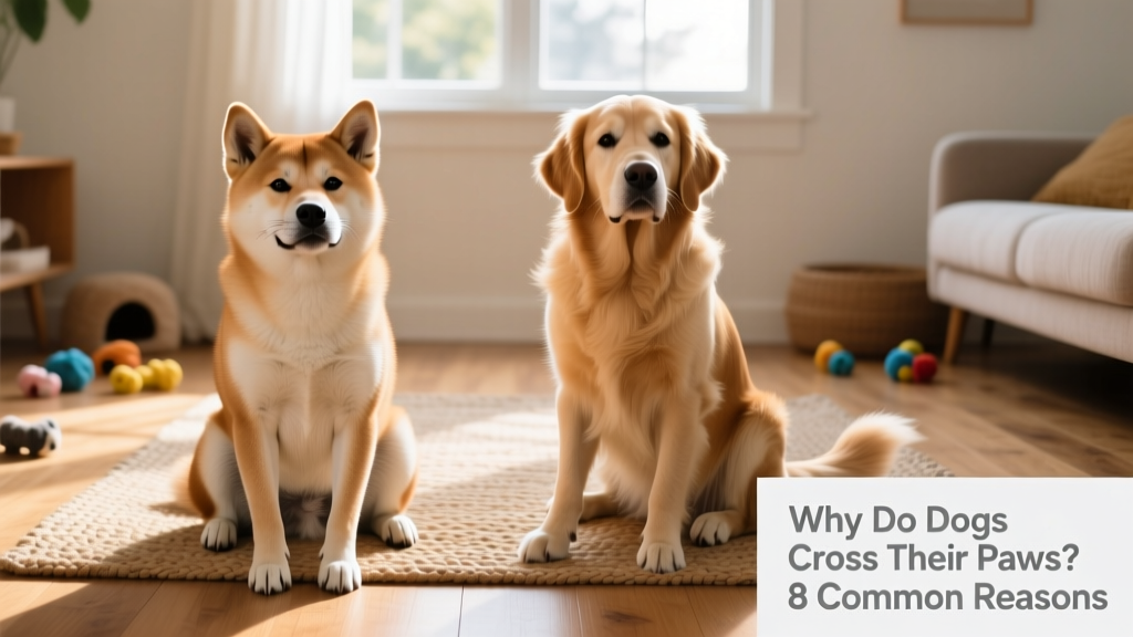 Side-by-side comparison: one dog sitting with paws crossed comfortably; another sitting with paws uncrossed and relaxed, both appearing calm and engaged