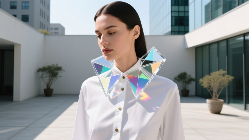 Woman wearing a bold geometric acrylic statement collar over a crisp white button-down shirt, captured in bright natural daylight.