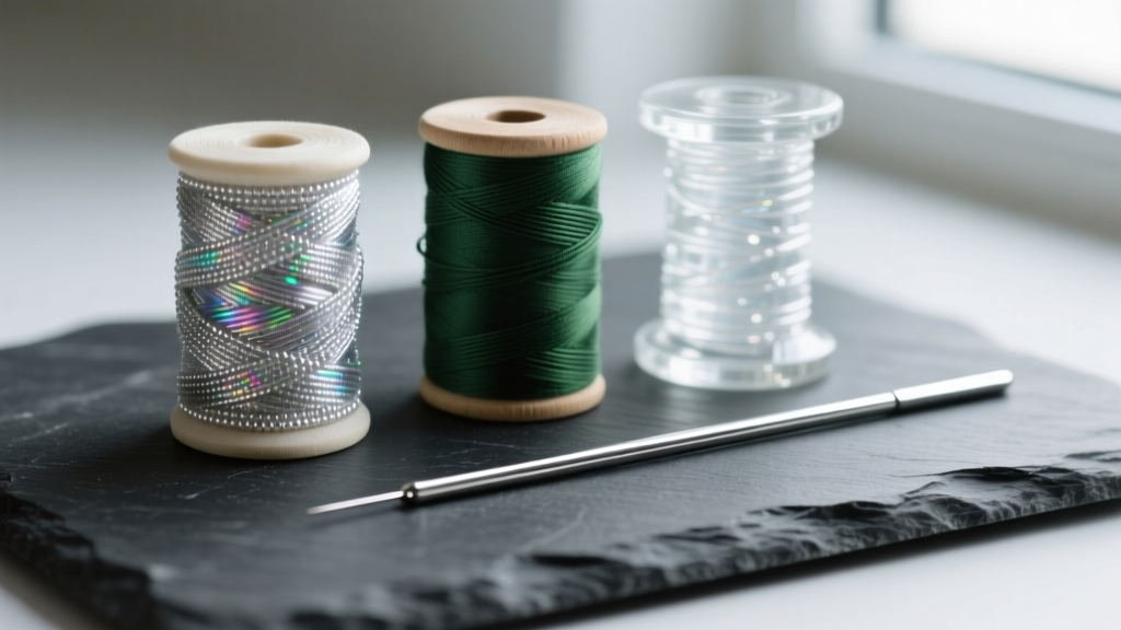 Three spools of beading thread including braided gel-spun and waxed nylon resting on dark slate next to a silver beading needle.