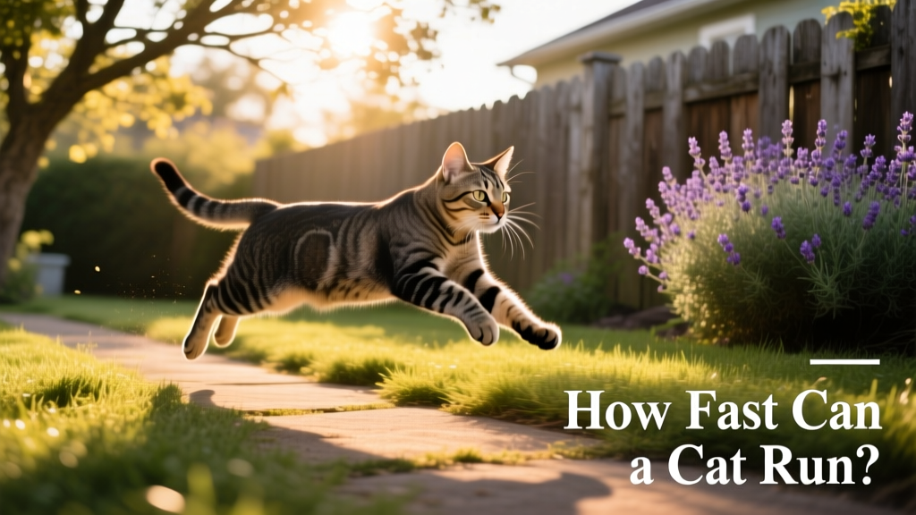 A domestic cat mid-sprint on a sunlit backyard path, muscles clearly defined