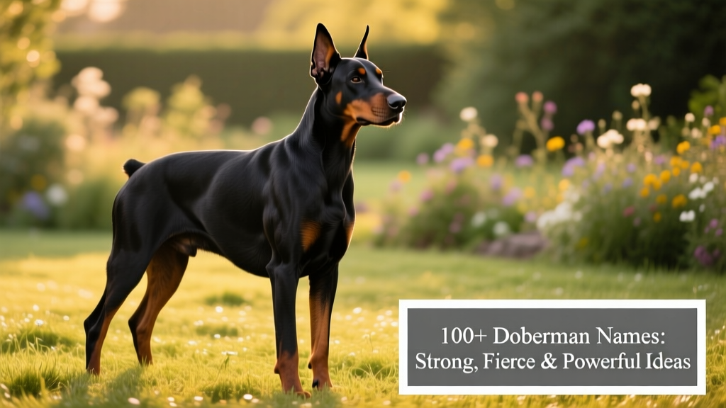 A muscular, alert male Doberman in profile, standing tall on grass with a calm but commanding expression