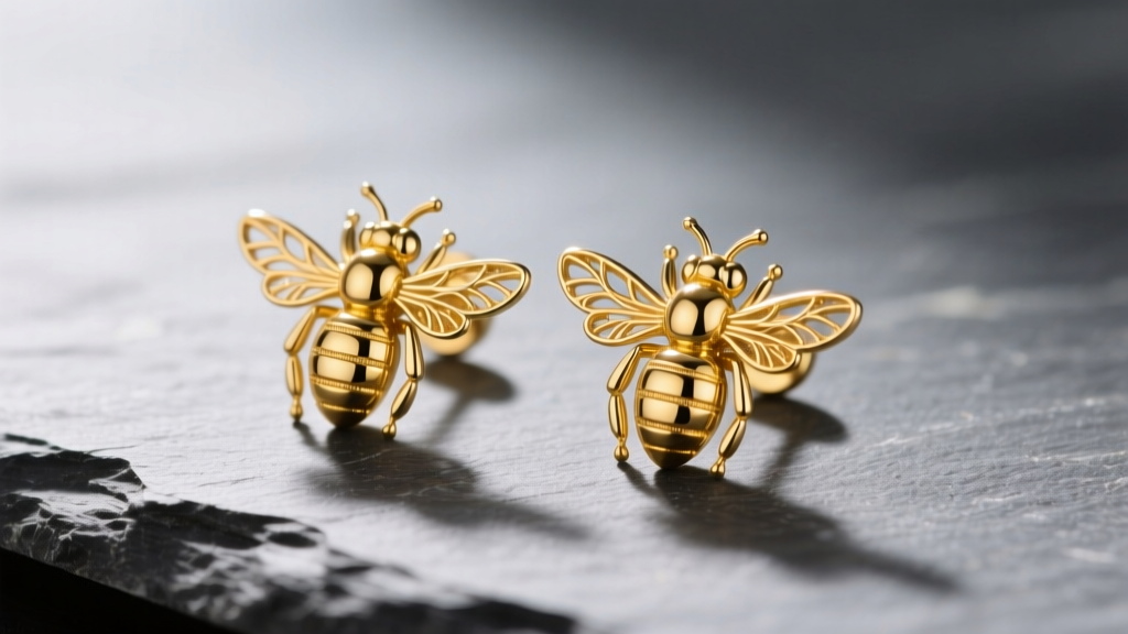 Macro shot of 14k gold bee stud earrings on slate, showing intricate filigree wings and a highly polished, textured golden abdomen