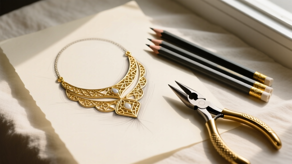 Overhead view of a vellum sketch of a layered gold pendant necklace, graphite pencils, and a brass jeweler's loupe on a desk.