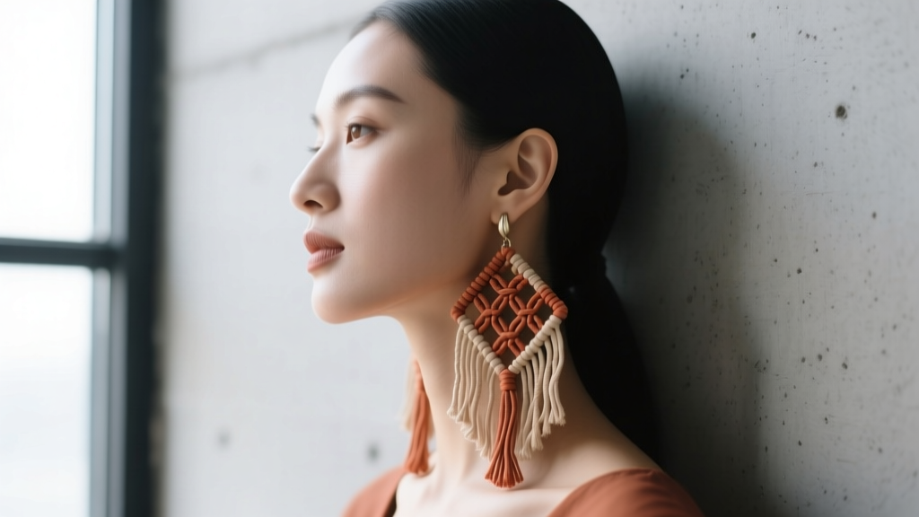 Woman wearing architectural fringe macrame earrings in muted terracotta tones, profile view against a minimalist concrete background
