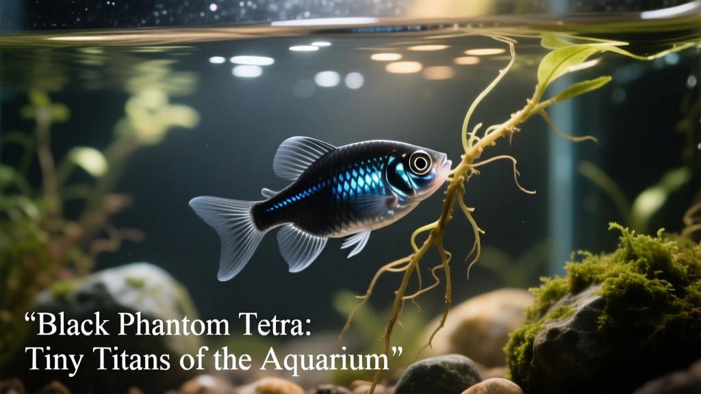 Close-up of black phantom tetra fry clinging to floating plant roots in a dimly lit breeding tank