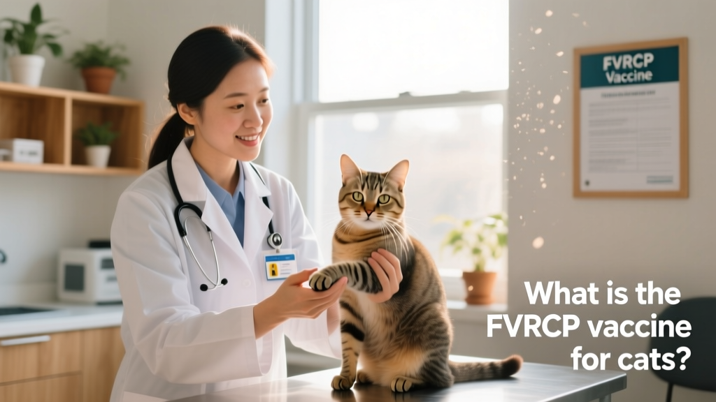 A veterinarian gently holding a calm, seated cat during a routine wellness exam