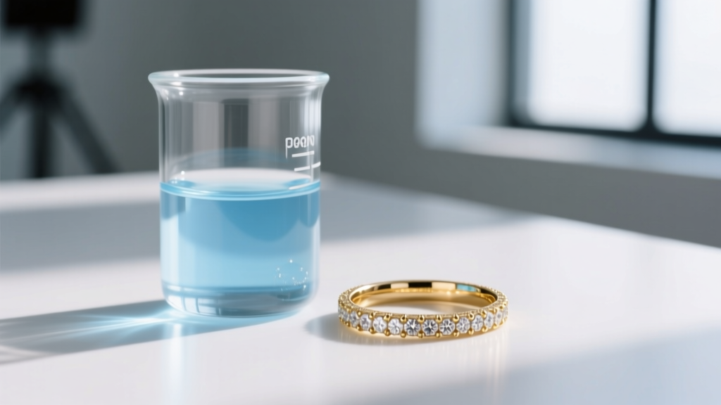 Small glass beaker containing a diluted blue commercial ultrasonic jewelry cleaning solution next to a gold pavé eternity band.