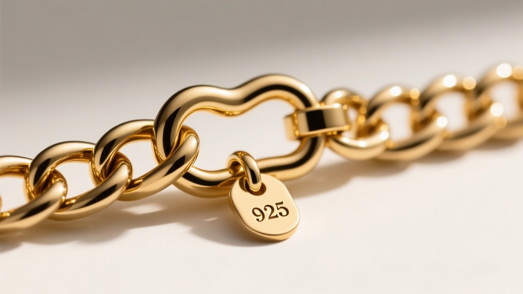 Macro shot of an 18-inch gold vermeil box chain clasp, showing the tiny lobster clasp and 925 hallmark stamp on the metal tag