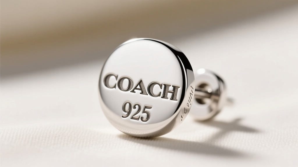 Extreme close-up of a 925 sterling silver stamp on a Coach earring backing, showing sharp deep font kerning under bright lighting.