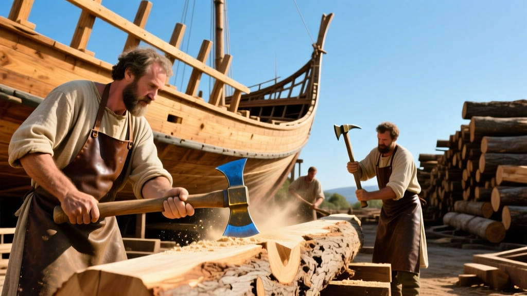 Ancient shipwrights shaping massive Mediterranean cypress logs with bronze adzes beside a wooden hull framework in a sunlit shipyard