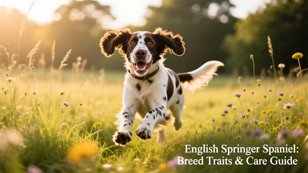 English Springer Spaniel running joyfully through a sunlit meadow