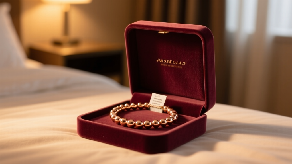 Rose gold bead necklace coiled in a fabric-lined box beside anti-tarnish strips, illuminated by warm ambient bedroom lighting.