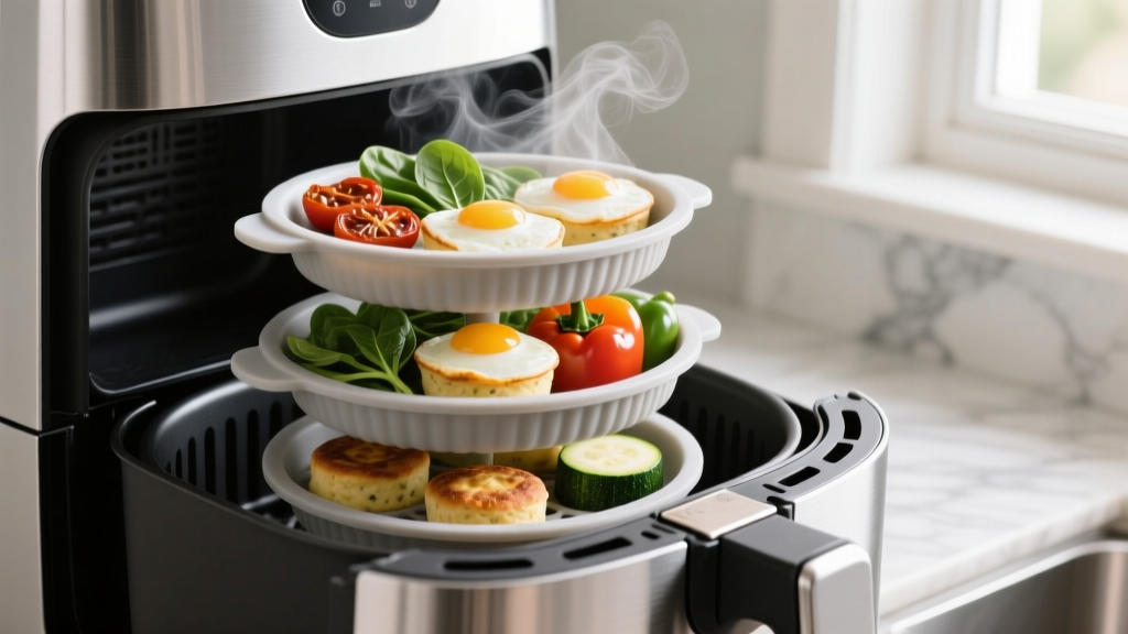 Three-tier platinum silicone steamer pods stacked inside an air fryer basket holding egg bites and vegetables with visible steam rising.