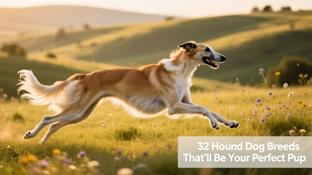 A Borzoi mid-stride in open grassland, muscles rippling, coat flowing in motion