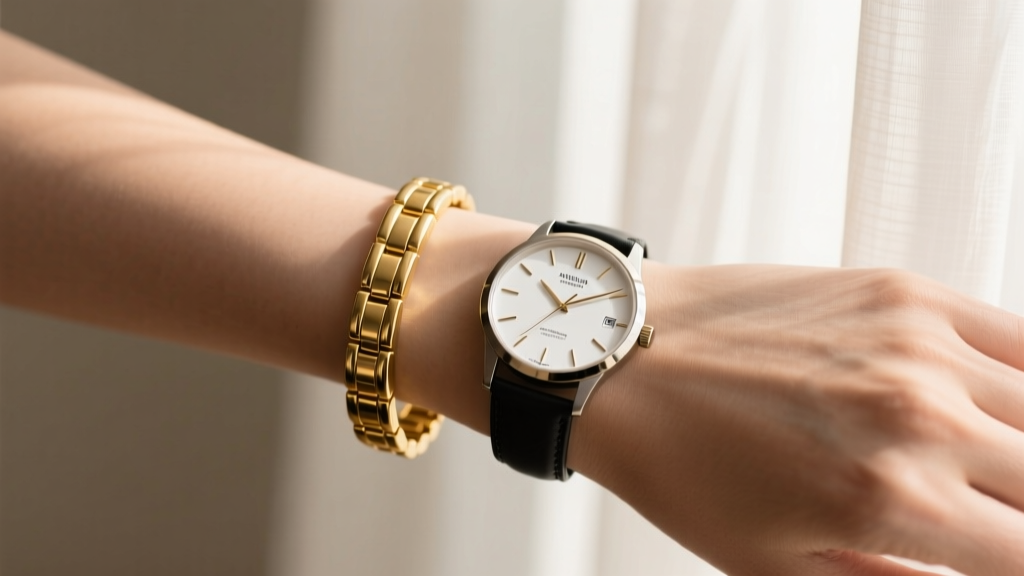 Close-up of a wrist wearing an 18k yellow gold tennis bracelet and a minimalist watch, bathed in soft natural lighting.