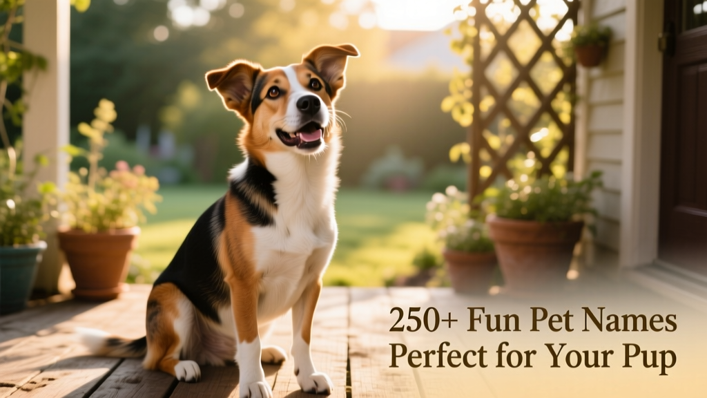 A joyful mixed-breed dog sitting on a sunlit porch, looking up with curious, friendly eyes