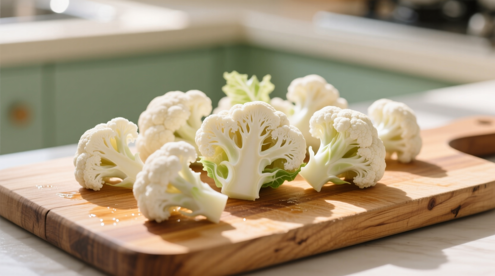 Fresh raw cauliflower florets on wooden cutting board