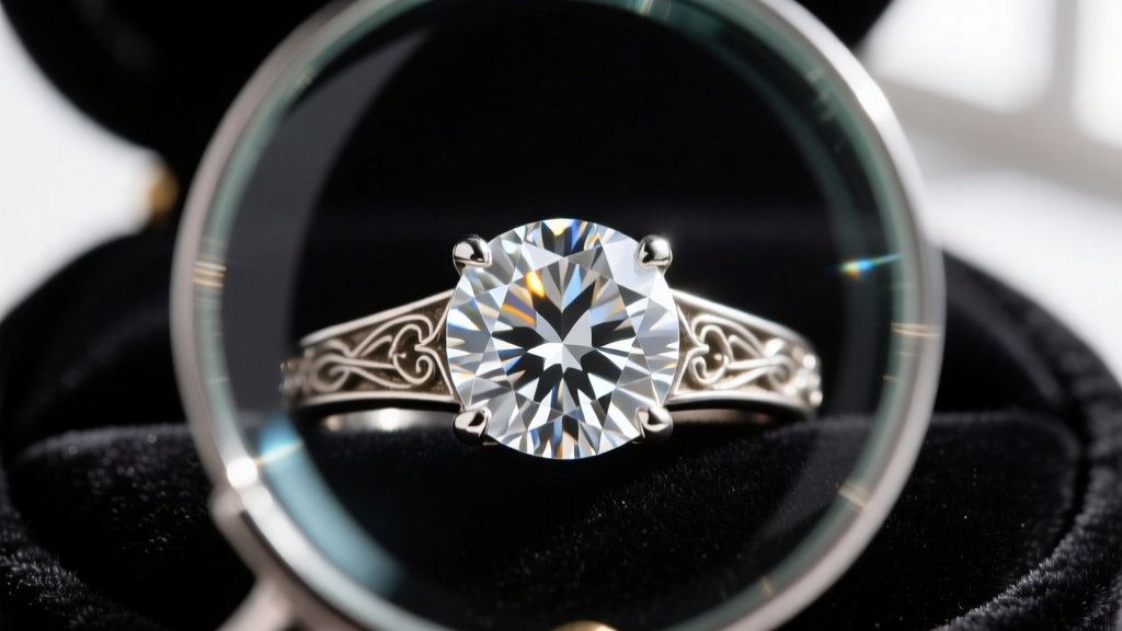 Macro shot of a 10x loupe examining the girdle of an Old European cut diamond in a vintage platinum ring on dark velvet