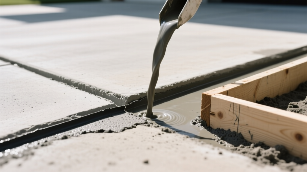 Close-up of fresh concrete driveway showing a tooled control joint intersecting a sealed expansion joint near a wooden form